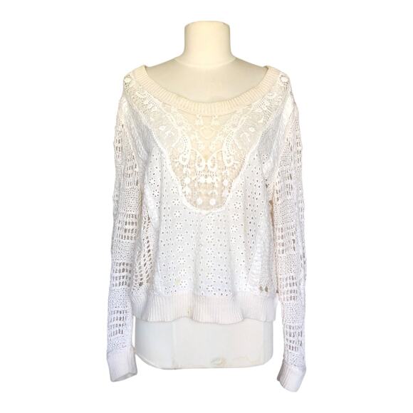 Women's Boho White Crochet Knit Lace Sweater Pullover Eyelet Long Sleeve Top - Picture 1 of 6